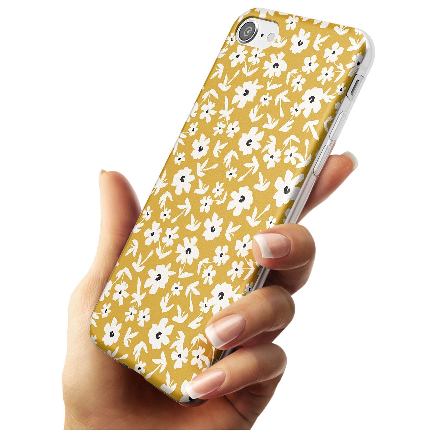 Floral Print on Mustard - Cute Floral Design Black Impact Phone Case for iPhone SE 8 7 Plus