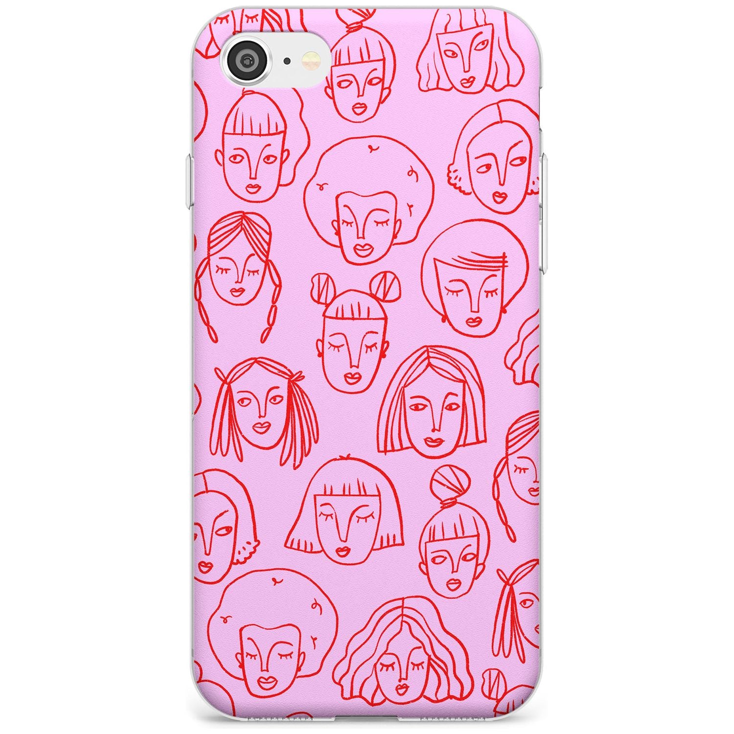 Girl Portrait Doodles in Pink & Red Slim TPU Phone Case for iPhone SE 8 7 Plus