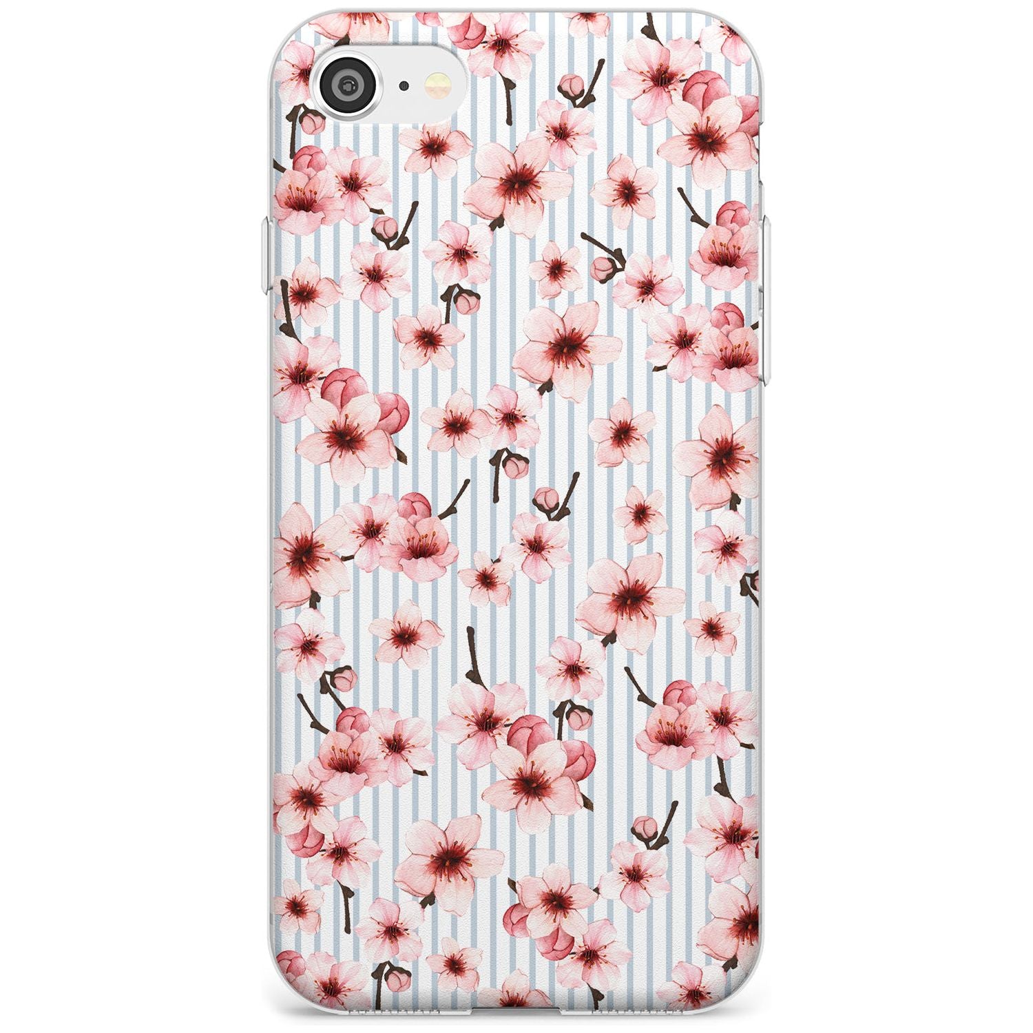 Cherry Blossoms on Blue Stripes Pattern Slim TPU Phone Case for iPhone SE 8 7 Plus