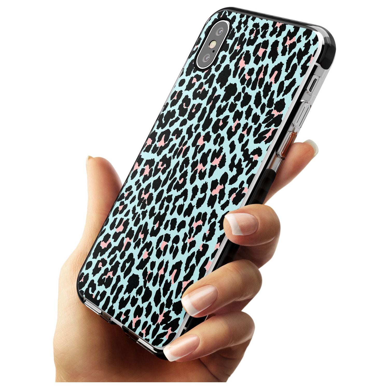 Light Pink on Blue Leopard Print Pattern Black Impact Phone Case for iPhone X XS Max XR