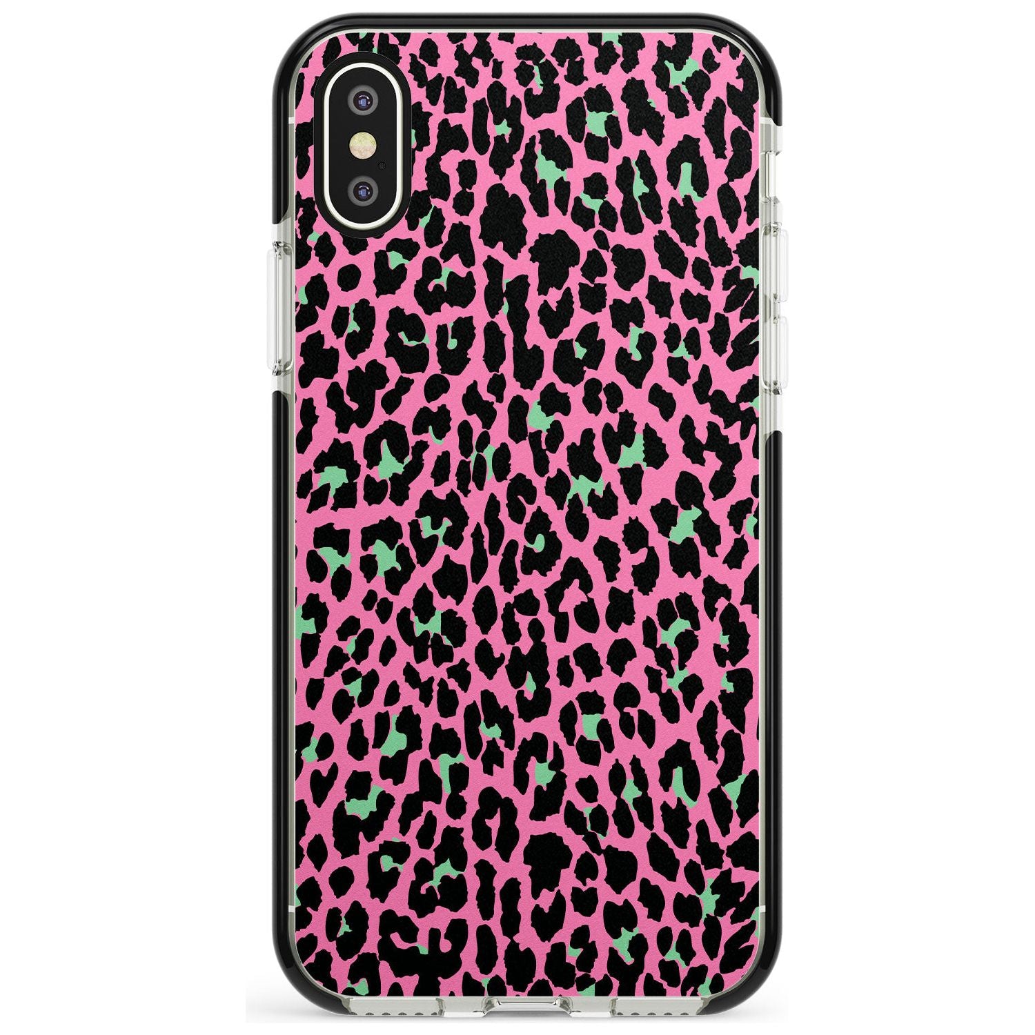 Green on Pink Leopard Print Pattern Black Impact Phone Case for iPhone X XS Max XR