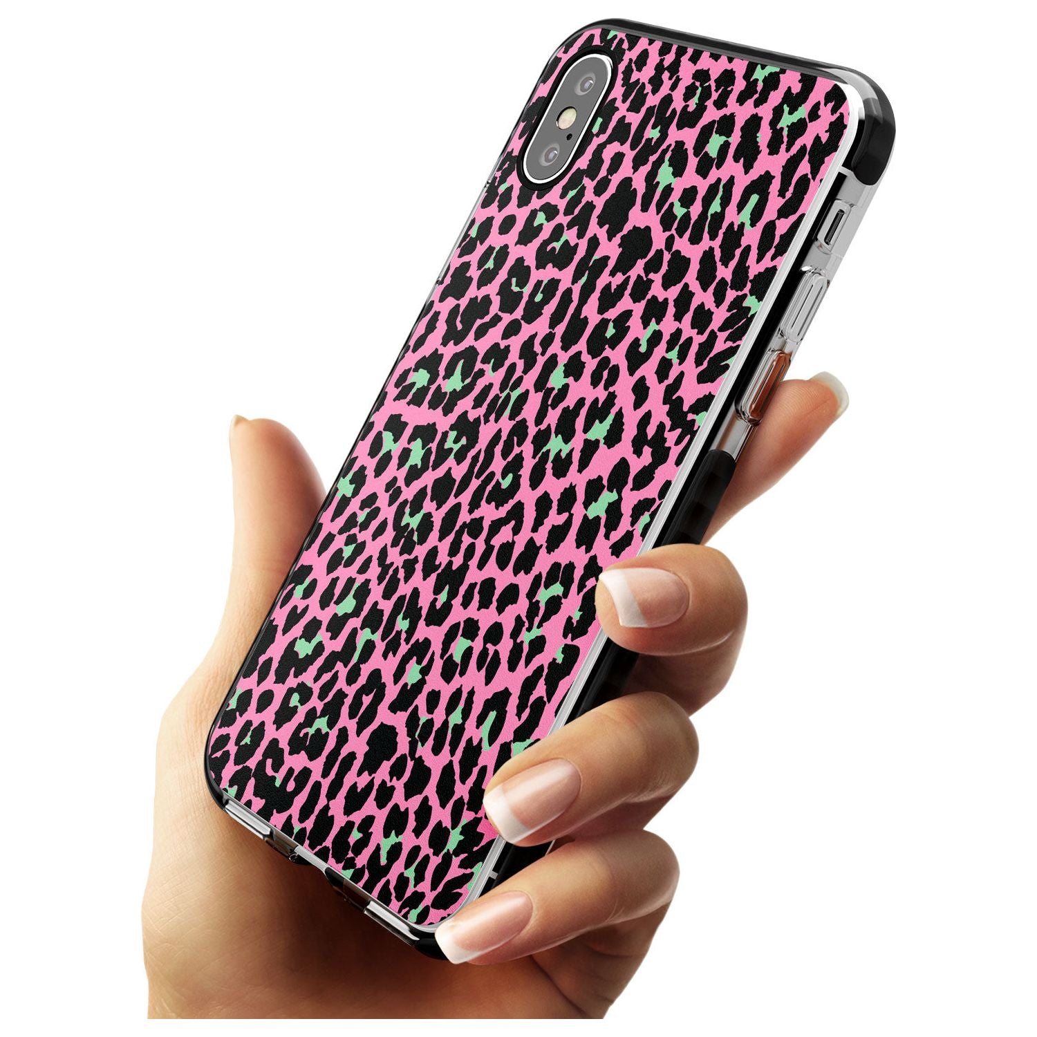 Green on Pink Leopard Print Pattern Black Impact Phone Case for iPhone X XS Max XR