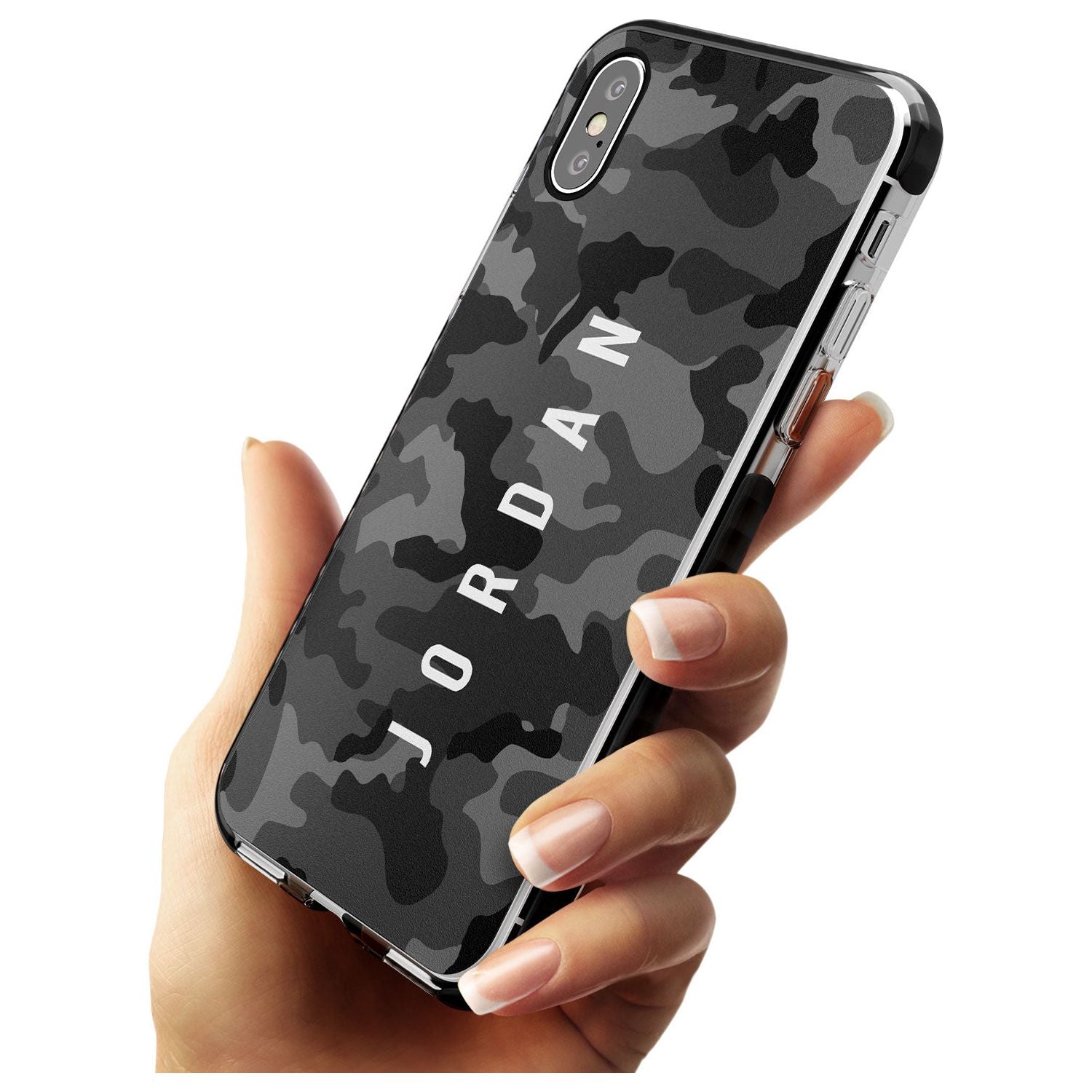 Small Vertical Name Personalised Black Camouflage Black Impact Phone Case for iPhone X XS Max XR