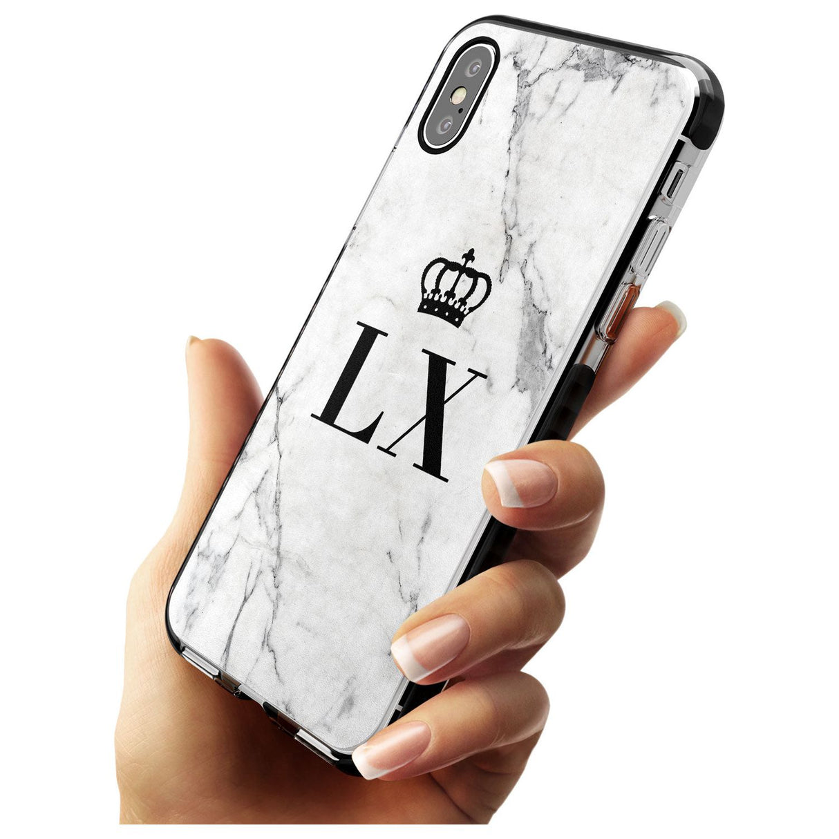 Personalised Initials with Crown on White Marble Black Impact Phone Case for iPhone X XS Max XR