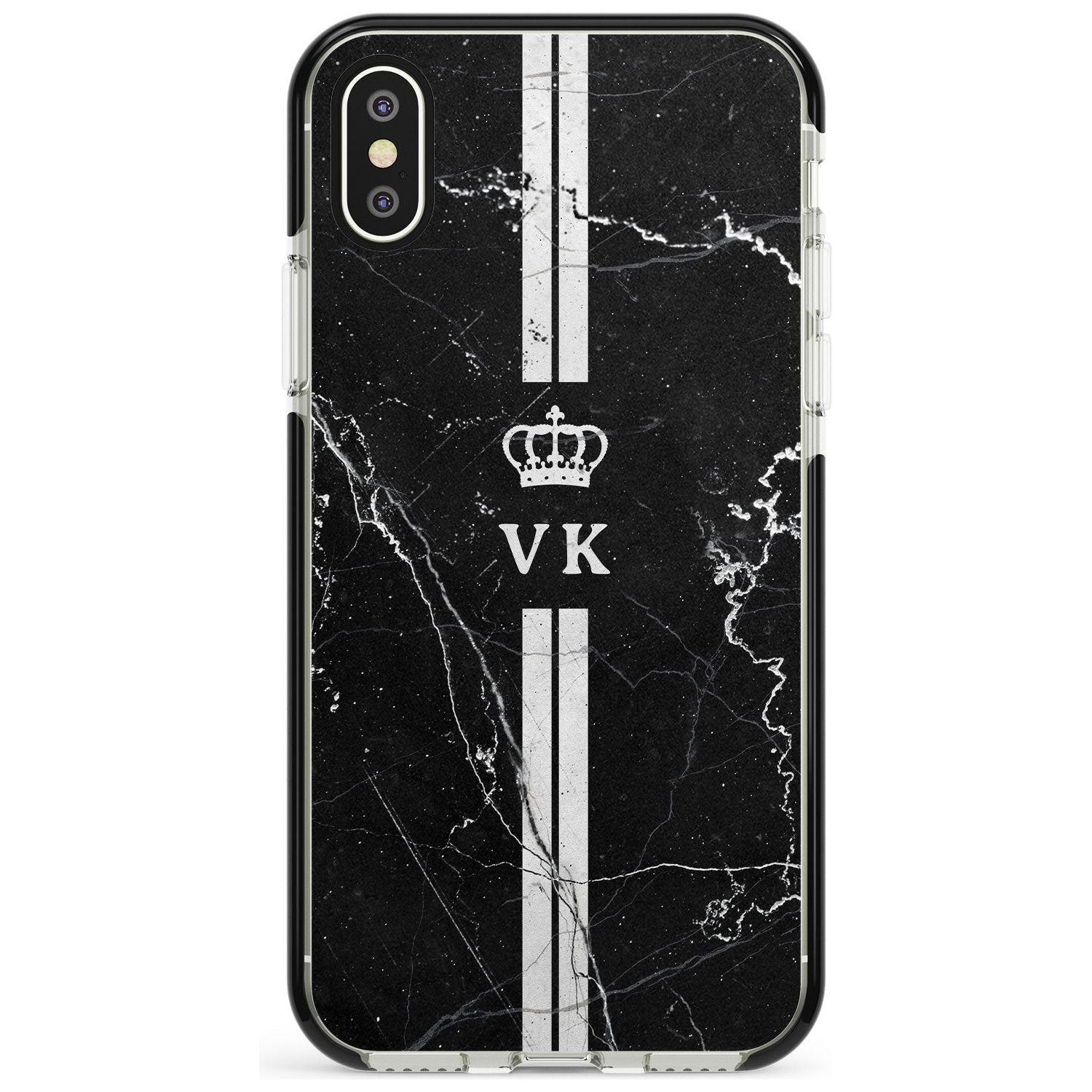 Stripes + Initials with Crown on Black Marble Black Impact Phone Case for iPhone X XS Max XR