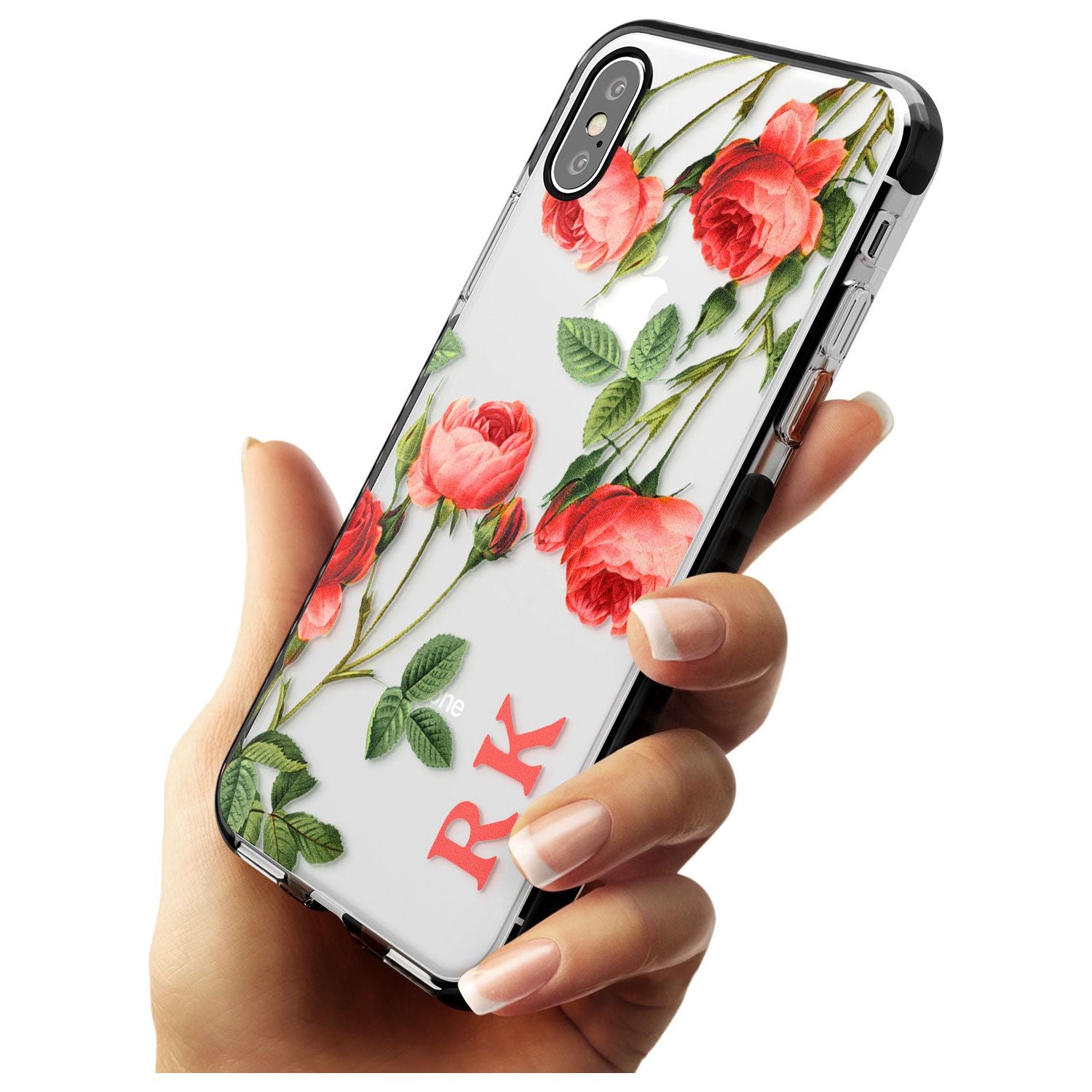 Custom Clear Vintage Floral Pink Roses Black Impact Phone Case for iPhone X XS Max XR