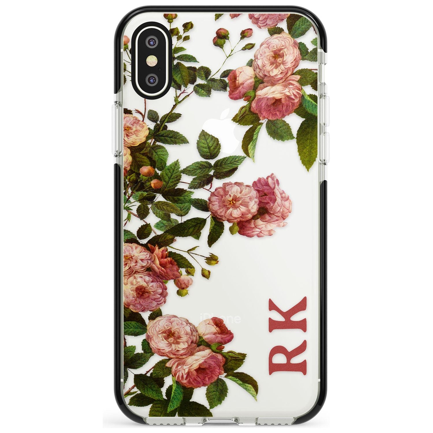 Custom Clear Vintage Floral Pink Garden Roses Black Impact Phone Case for iPhone X XS Max XR