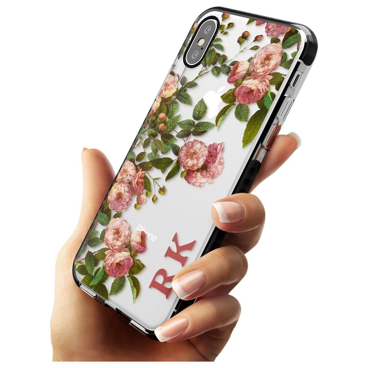 Custom Clear Vintage Floral Pink Garden Roses Black Impact Phone Case for iPhone X XS Max XR