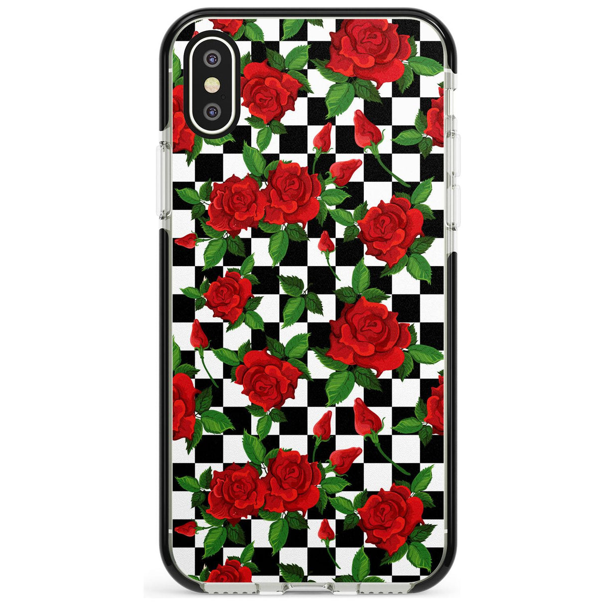 Checkered Pattern & Red Roses Black Impact Phone Case for iPhone X XS Max XR