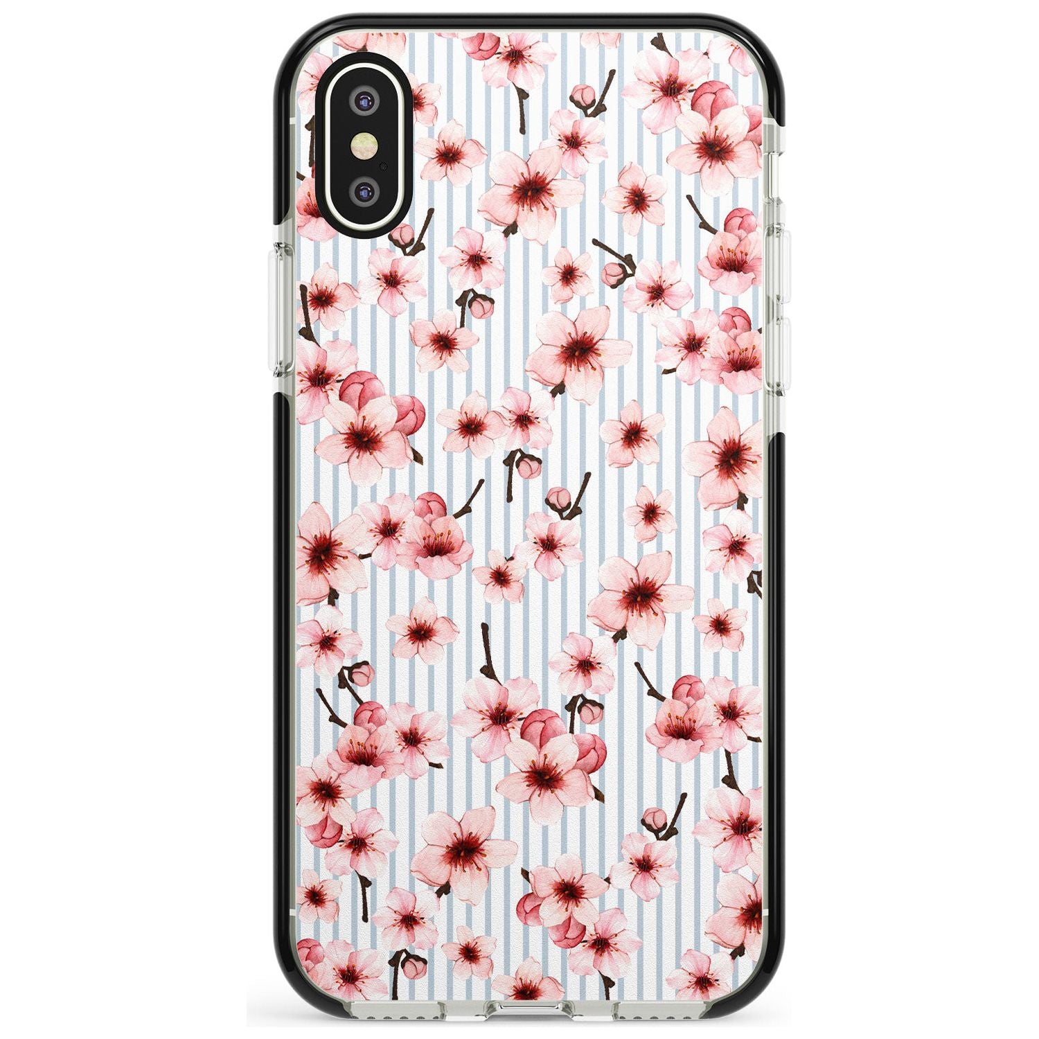Cherry Blossoms on Blue Stripes Pattern Black Impact Phone Case for iPhone X XS Max XR