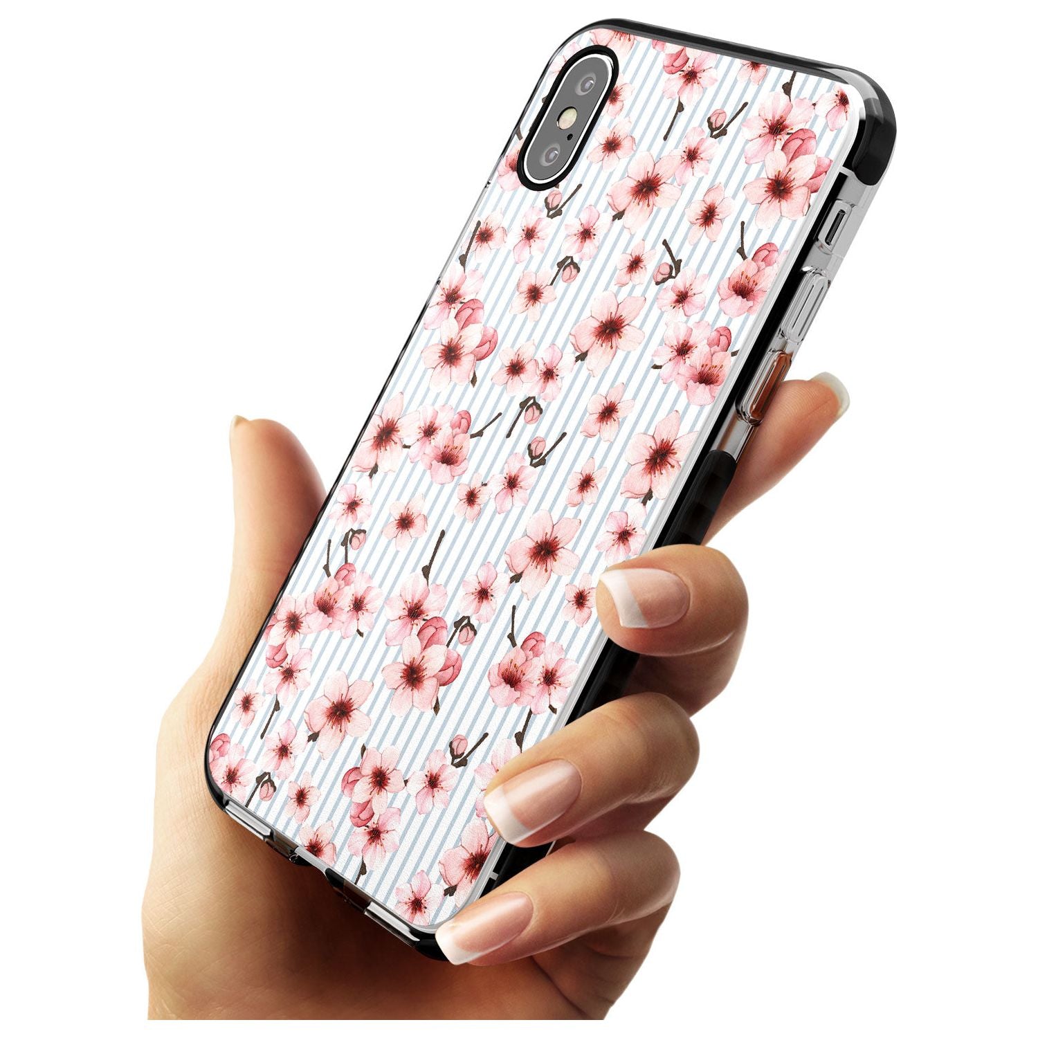 Cherry Blossoms on Blue Stripes Pattern Black Impact Phone Case for iPhone X XS Max XR