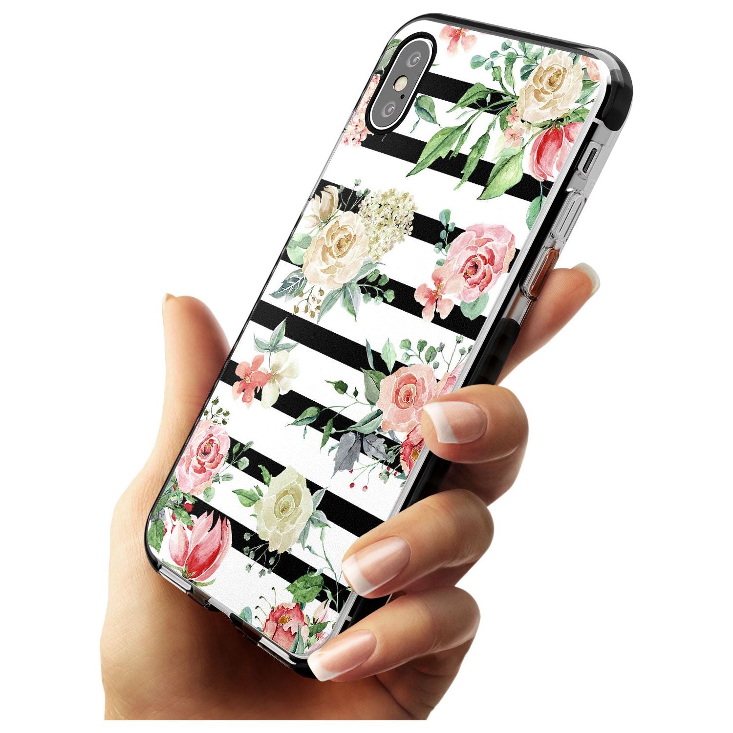 Bold Stripes & Flower Pattern Black Impact Phone Case for iPhone X XS Max XR