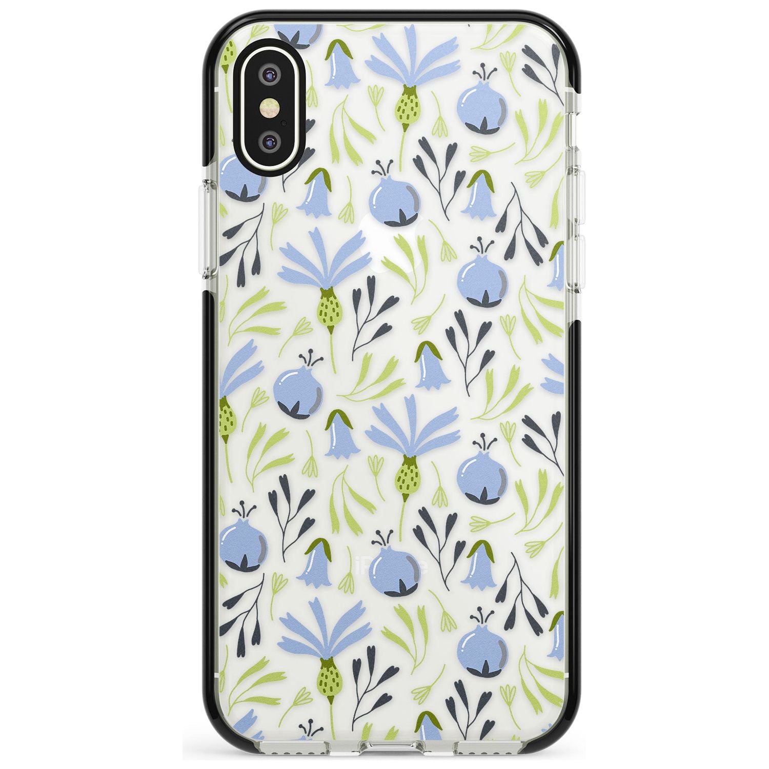 Blue Flora Transparent Floral Black Impact Phone Case for iPhone X XS Max XR