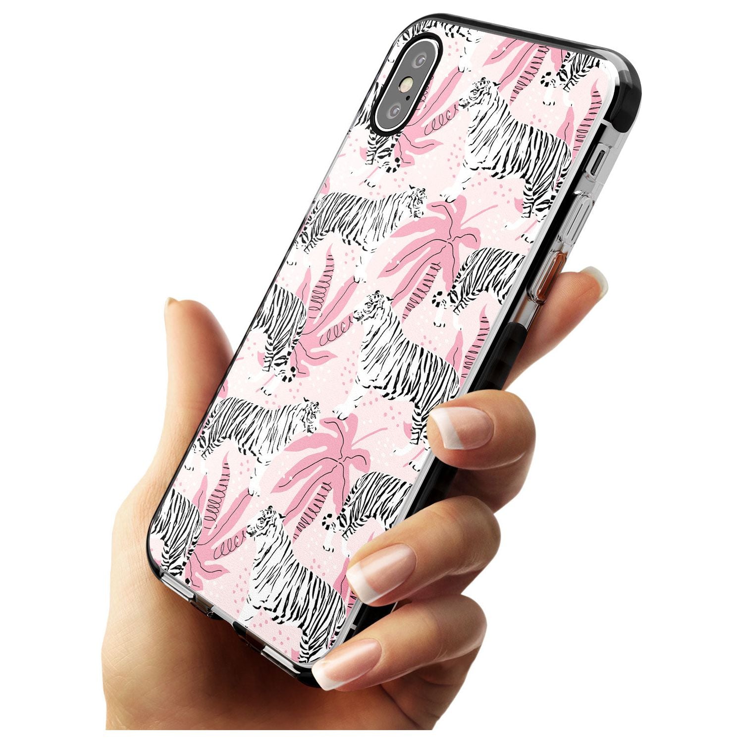 White Tigers on Pink Pattern Black Impact Phone Case for iPhone X XS Max XR