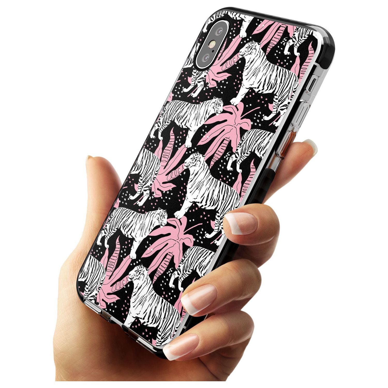 White Tigers on Black Pattern Black Impact Phone Case for iPhone X XS Max XR