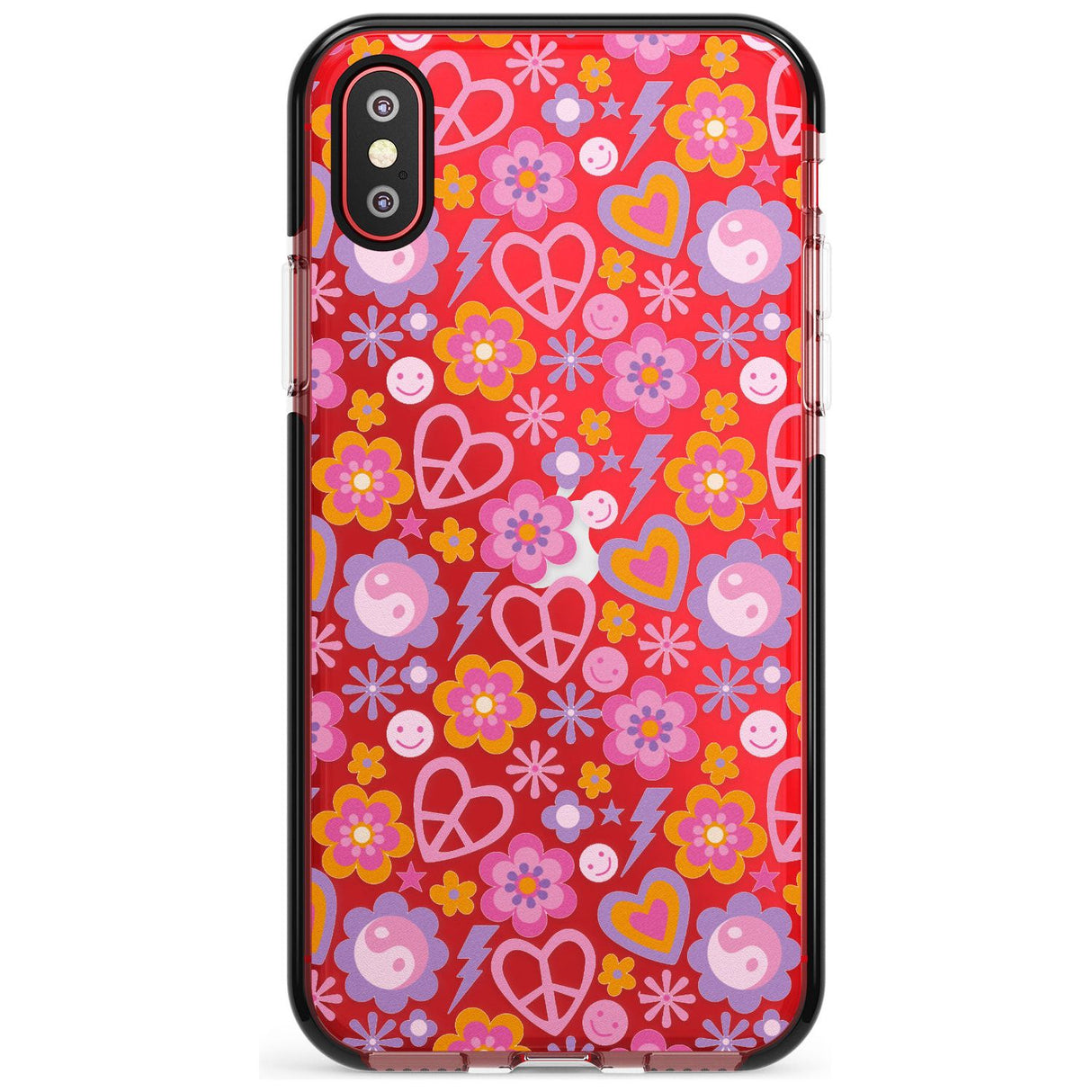 Peace, Love and Flowers Pattern Black Impact Phone Case for iPhone X XS Max XR