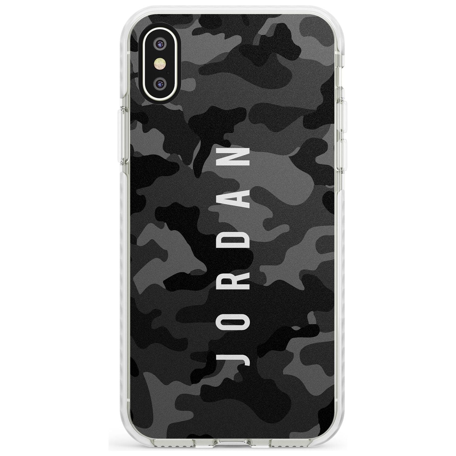 Small Vertical Name Personalised Black Camouflage Impact Phone Case for iPhone X XS Max XR