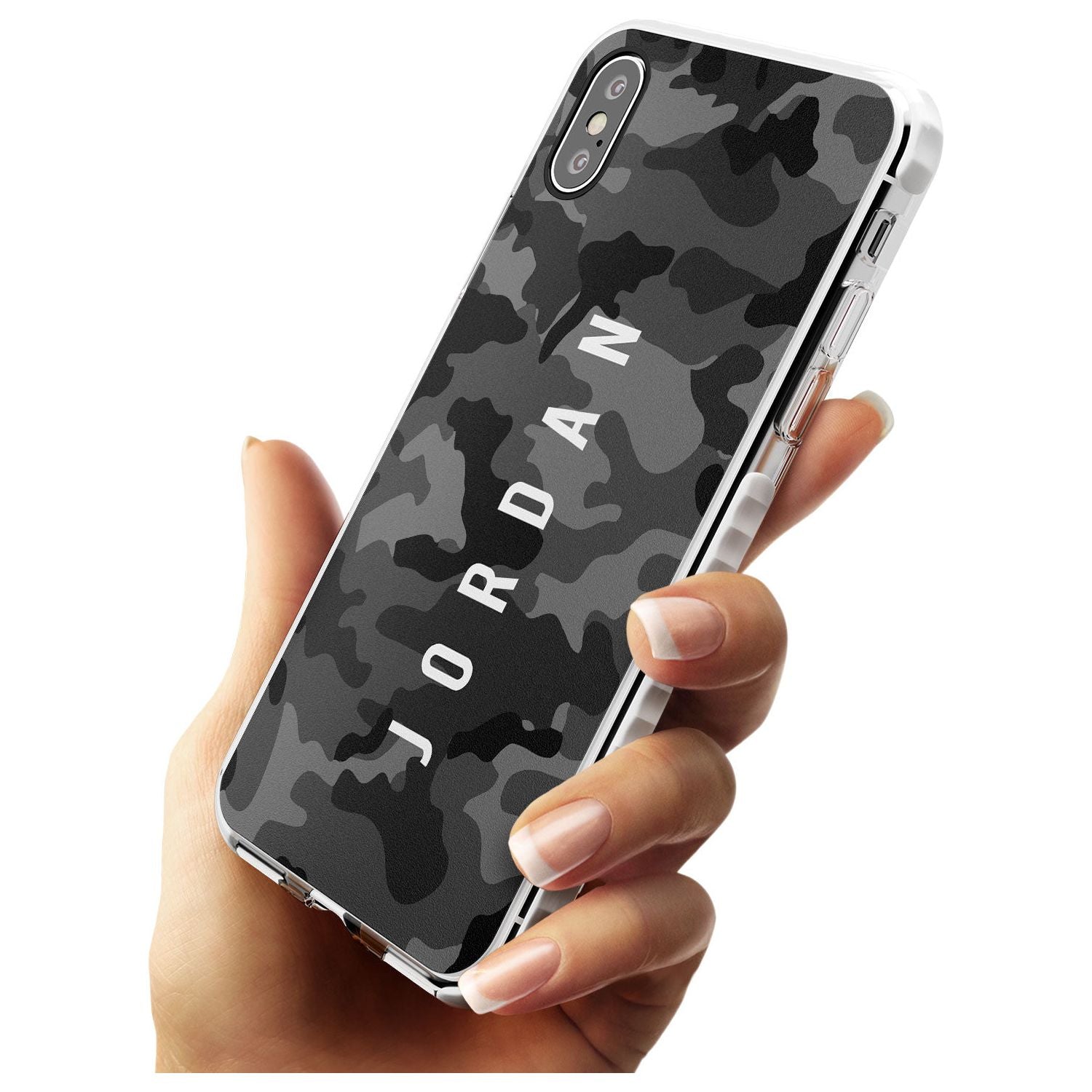 Small Vertical Name Personalised Black Camouflage Impact Phone Case for iPhone X XS Max XR