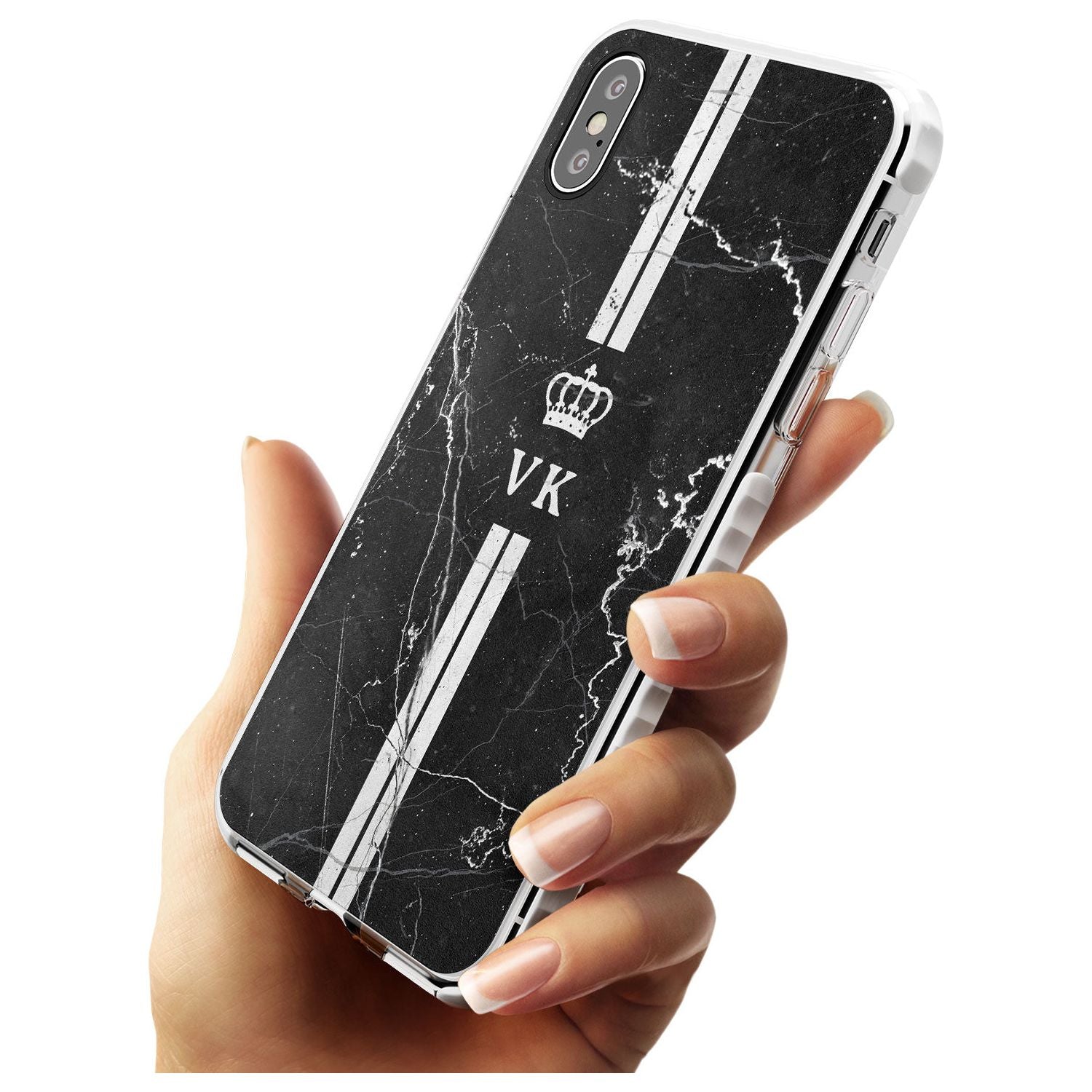 Stripes + Initials with Crown on Black Marble Impact Phone Case for iPhone X XS Max XR