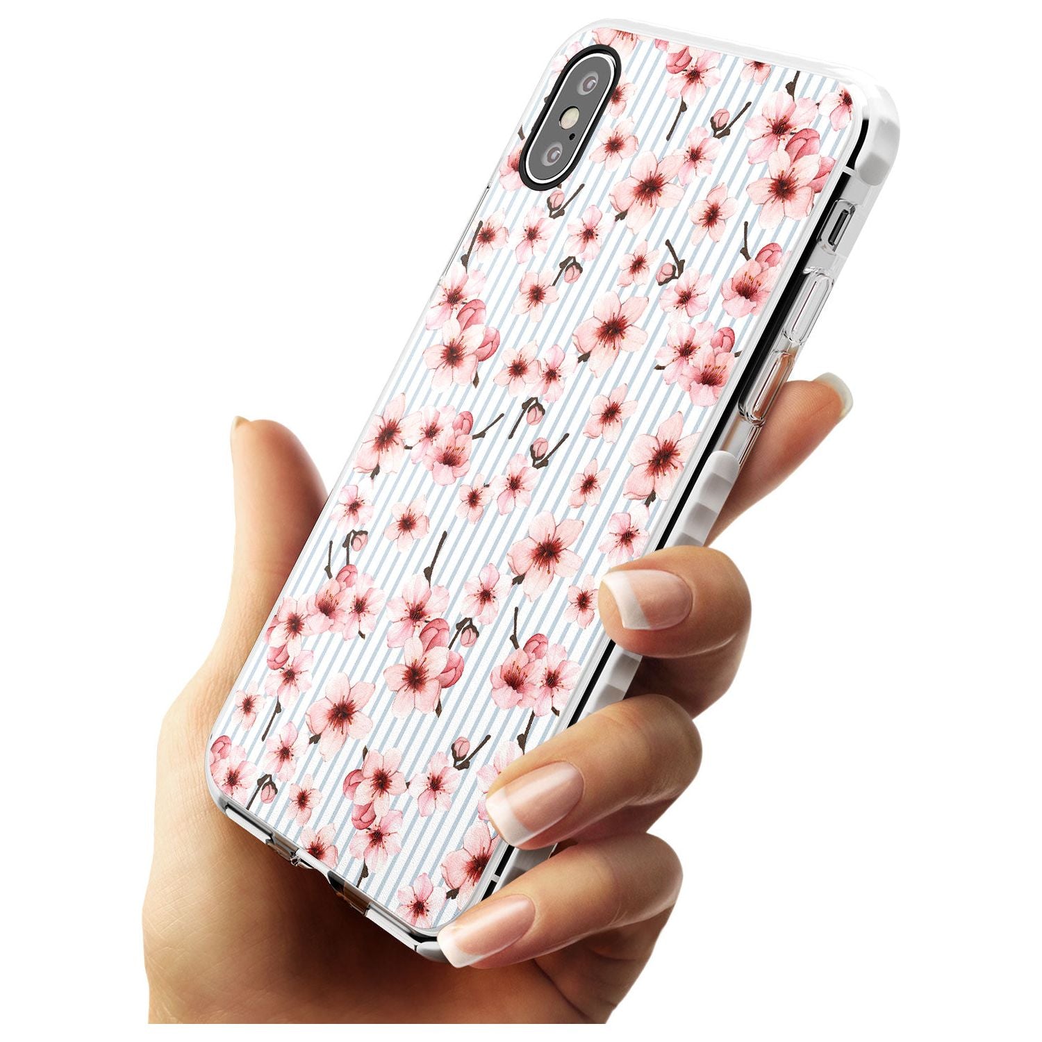 Cherry Blossoms on Blue Stripes Pattern Impact Phone Case for iPhone X XS Max XR
